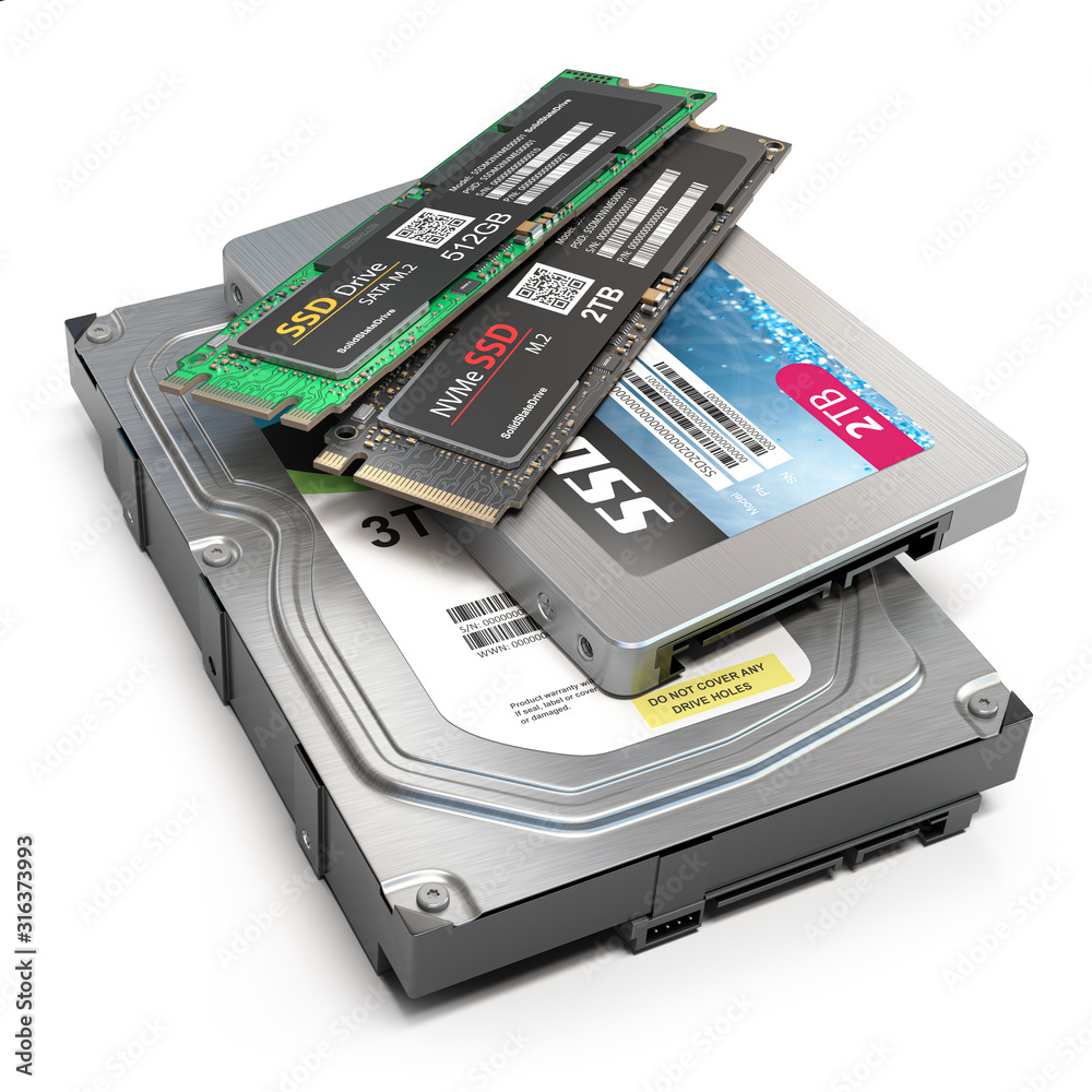 Set of different data storage devices. Hdd, ssd and ssd m2 isolated on  white background. Illustration Stock | Adobe Stock