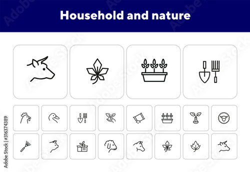 Household and nature icons. Set of line icons on white background. Animal, grocery, equipment. Housekeeping concept. Vector illustration can be used for topics like nature, homegrown