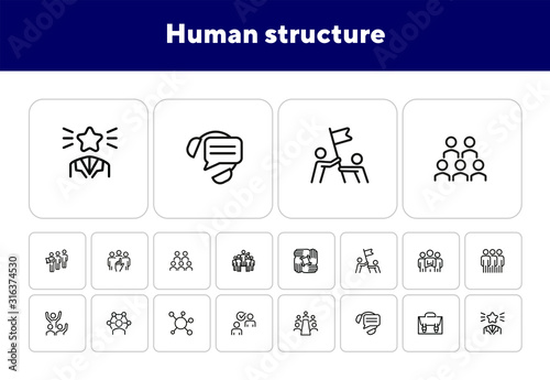 Human structure. Set of line icons on white background. Atom, union, idea. Social concept. Vector illustration can be used for topics like science, business, career