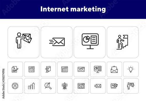 Internet marketing icon set. Line icons collection on white background. Budget, optimization, e-mail. Start-up concept. Can be used for topics like business, management, targeting
