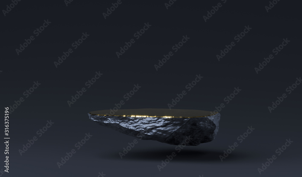 Fototapeta Stone podium for product display. Marble black and gold Pedestal, Product Stand. 3D Rendering. Blank for mockup design. Minimalistic object placement, cosmetic product stone plate platform.