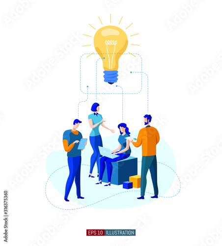 Trendy flat illustration. Office workers planing business mechanism, analyze business strategy and exchange ideas. Light bulb. Teamwork concept. Template for your design works. Vector graphics.
