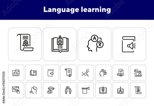 Language learning line icon set. Book, diploma, interpreting. Education concept. Can be used for topics like communication, studying abroad, elearning