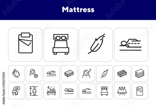Mattress line icon set. Orthopedic pillow, sleeping, insomnia. Comfort concept. Can be used for topics like bedroom, night, rest