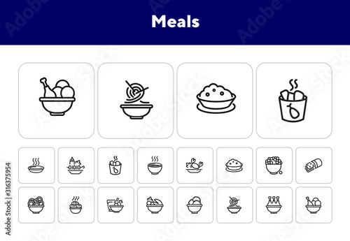 Meals line icon set. Bowl, chicken, Chinese noodle. Food concept. Can be used for topics like cooking, restaurant, dinner