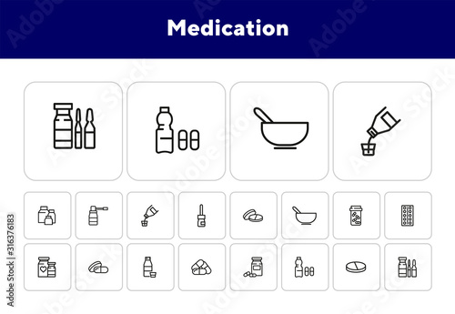 Medication icon set. Line icons collection on white background. Tablet, pill, painkiller. Supplement concept. Can be used for topics like healthcare, illness, pharmacy