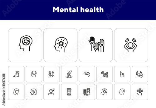 Mental health icon set. Psychology concept. Vector illustration can be used for topics like apothecary, pharmaceuticals, medicine