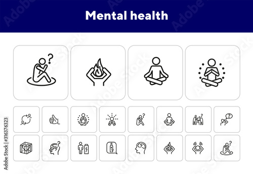 Mental health line icon set. Person, patient, brain, disease. Health concept. Can be used for topics like disorder, medical help, symptoms