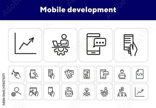 Mobile development line icon set. Mobile phone, using digital tablet, technician. Information technology concept. Can be used for topics like programming, coding, software