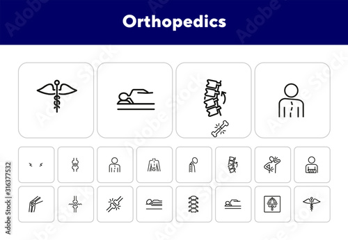 Orthopedics line icon set. Broken bones, spine, joint, mattress. Health concept. Can be used for topics like medicine, medical help, health care