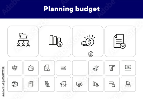 Planning budget line icon set. Money, cash, document. Finance concept. Can be used for topics like saving, cashback, currency exchange