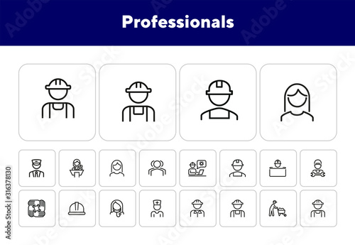 Professionals line icon set. Set off line icons on white background. Doctor, engineer, builder. Job concept. Vector illustration can be used for topics like career, sociality, business