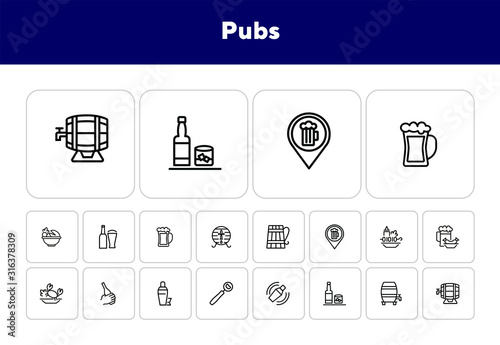 Pubs line icon set. Set of line icons on white background. Cocktail, beer mug, fresh crab. Food concept. Vector illustration can be used for topics like eating, drinking, resting