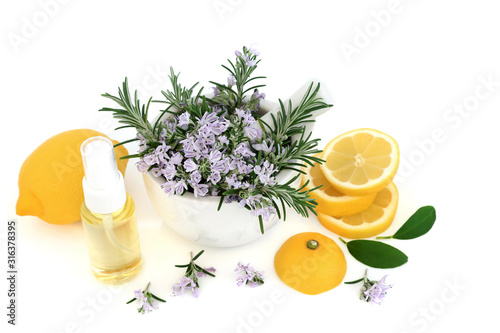 Rosemary herb & lemon vegan skin care beauty treatment with moisturising oil on white background. Anti ageing benefits & helps to reduce environmental skin damage. 