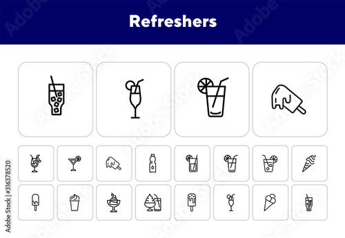 Refreshers line icon set. Cola, ice cream, lemonade. Drink concept. Can be used for topics like cafe, menu, food