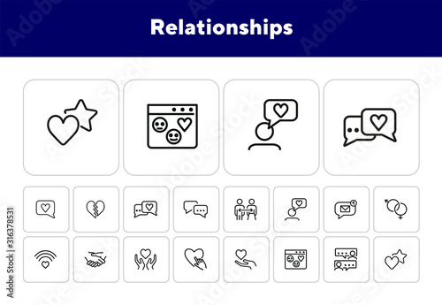 Relationships line icon set. Set of line icons on white background. Sociality concept. Message, notification, relationship. Vector illustration can be used for topics like internet, chatting