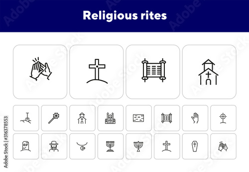 Religious rites line icon set. Cemetery, menorah, rabbi. Religion concept. Can be used for topics like church, funeral, Judaism