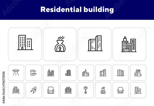 Residential building icons. Set of line icons. Key, residential district, cityscape. Housing development. Vector illustration can be used for topics like mortgage, rent, construction