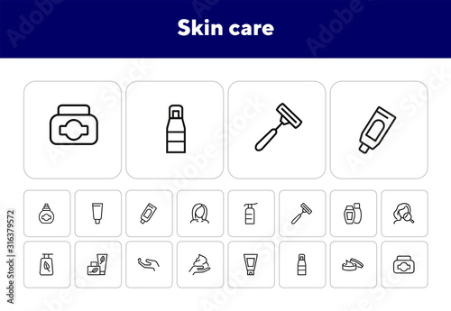 Skin care products line icon set. Cream, shaving stick, face and magnifier glass. Beauty concept. Can be used for topics like beautician, cosmetics, natural ingredients