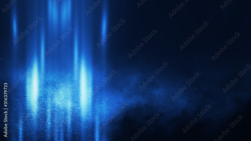 Obraz premium Empty background scene. Spotlight light reflection on asphalt. Rays of neon light in the dark, neon shapes, smoke. Background of an empty stage show. Abstract blue dark background.