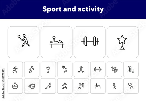 Sport and activity icons. Set of line icons on white background. Stop watch, sportsman. Active lifestyle concept. Vector illustration can be used for topics like competition, swimming, boxing