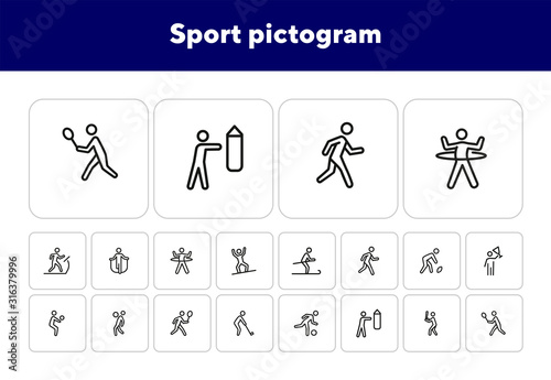 Sport pictogram icon. Set of line icons on white background. Ball games, skiing, boxing. Activity concept. Vector illustration can be used for topics like hobby, leisure, sport training