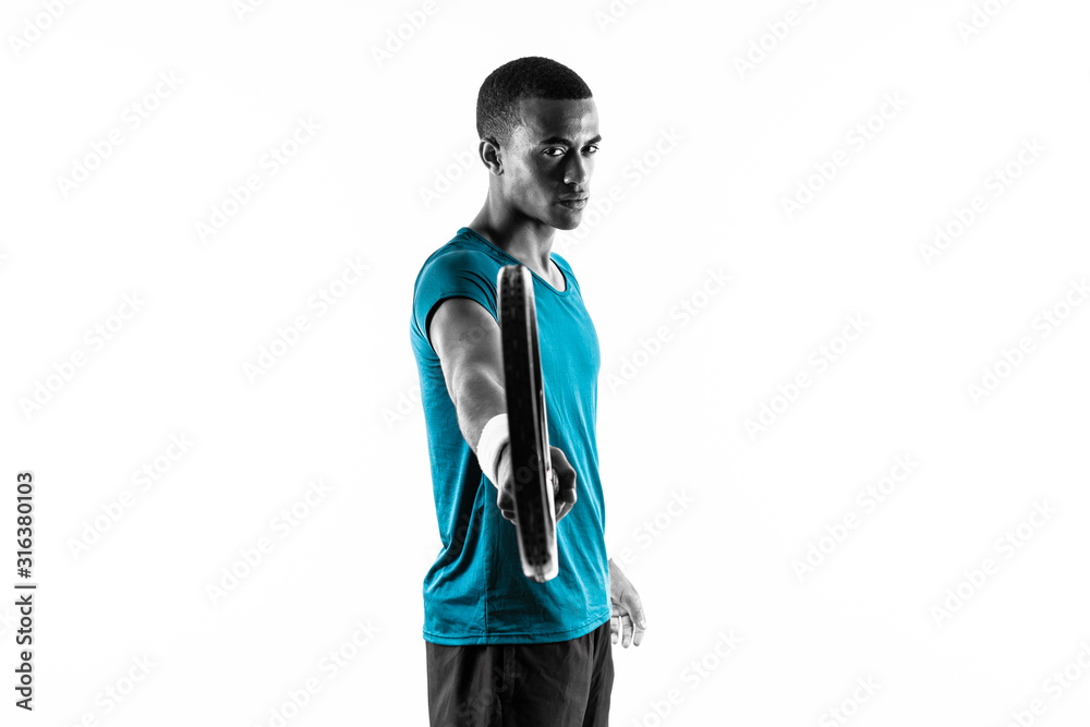 Fototapeta premium Afro American tennis player man over isolated white background .