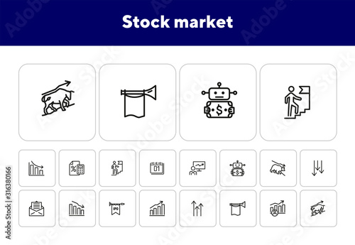 Stock market line icon set. Bear, bull, trader, IPO, charts. Finance concept. Can be used for topics like investment, assets, trading