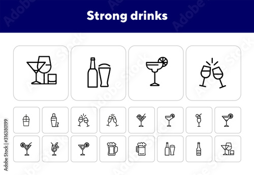 Strong drinks icons. Set of line icons on white background. Beer bottle, martini, margarita cocktail. Alcohol concept. Vector illustration can be used for topic like drinks, bar, menu