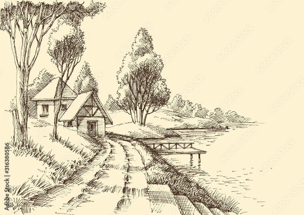 A house by the lake in a beautiful garden nature sketch