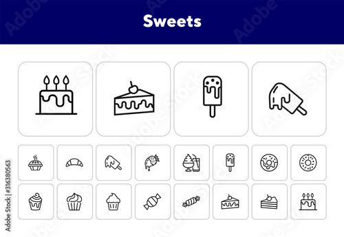 Sweets line icon set. Set of line icons on white background. Confectionery concept. Ice-cream, pie, cake, caramel. Vector illustration can be used for topics like confectionery, sweet, cafe