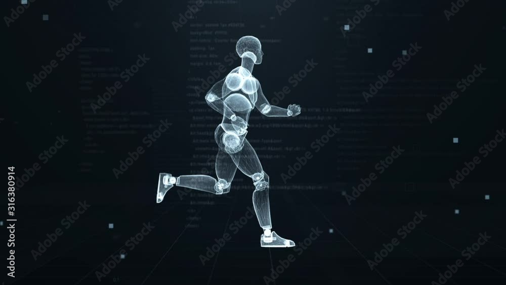 Human puppet running on virtual 3d digital space with futuristic white hud. X-ray scan. Side view.
