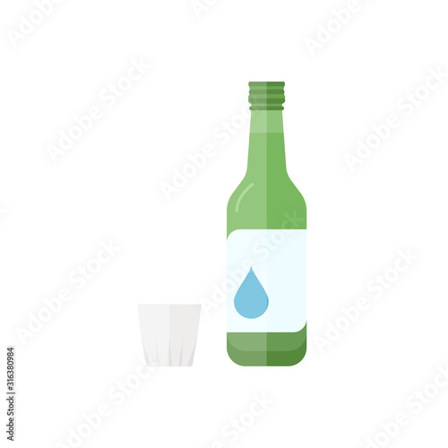 Flat icon of Soju with glass. It is a famous clear, colorless distilled beverage of Korean origin