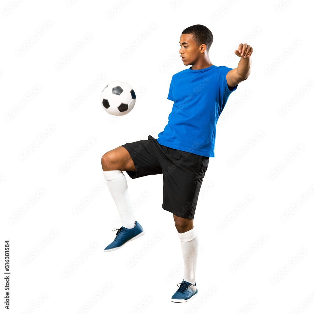 Full-length shot of African American football player man over isolated white background