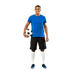 Full-length shot of African American football player man over isolated white background