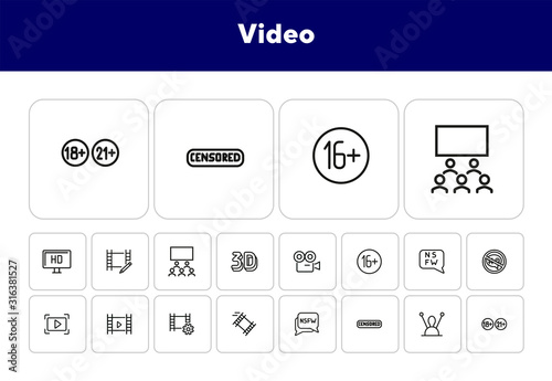Video line icon set. Set of line icons on white background. Blogging concept. Camera, play, button, chat. Vector illustration can be used for topics like video, blogging, creating