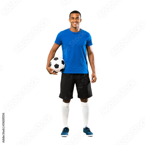 Full-length shot of African American football player man over isolated white background