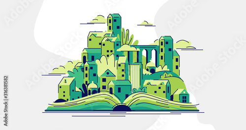 Vector image of an open book from which houses, buildings, city landscape grow from simple shapes with lines
