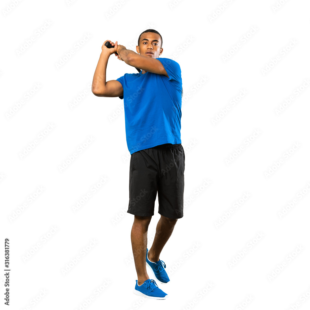 Full-length shot of African American tennis player man over isolated white background Full-length shot of African American tennis player man over isolated white background
