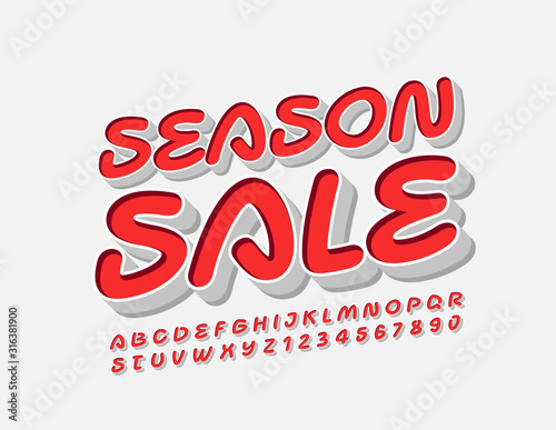 Vector bright emblem Season Sale. Red creative Font. Trendy Alphabet Letters and Numbers