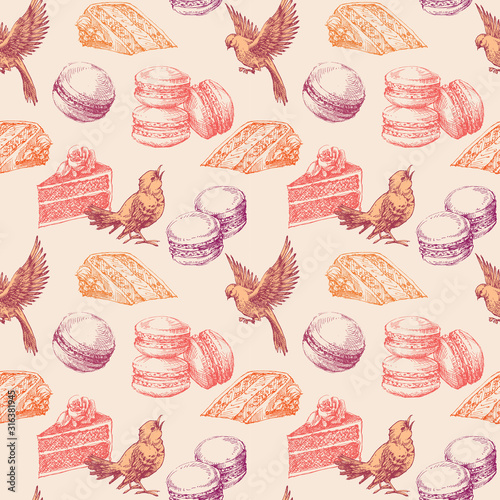 Sweets seamless pattern. Cake, macarons and cute birds design elements