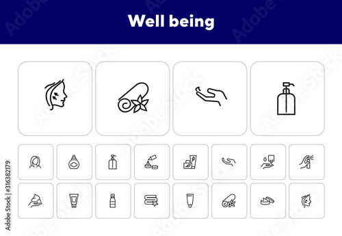 Well being line icon set. Face lifting, facial cream, folded towel. Beautician concept. Can be used for topics like beauty products, spa salon, body care