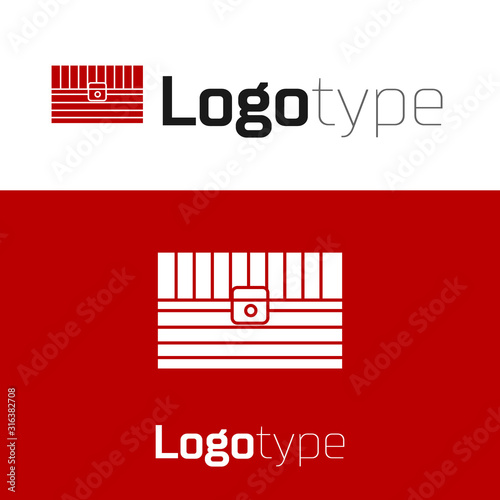 Red Antique treasure chest icon isolated on white background. Vintage wooden chest with golden coin. Logo design template element. Vector Illustration