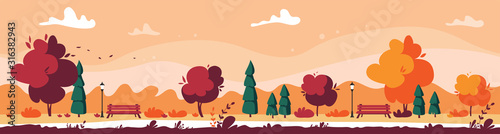 Autumn city park with yellow and red trees, street light and a bench. Cartoon seamless panoramic landscape