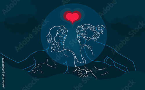 Illustration for Valentines day about relations, love, sex, dispute resolution, quarrel. Ancient Greek gods Zeus, Hera argue in bed on dark background. Website cover, article, banner.