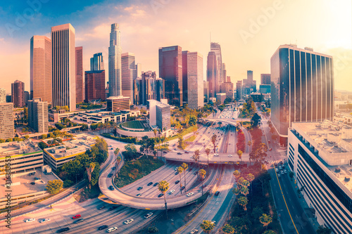 Aerial view, sunrise in Los Angeles city, California.