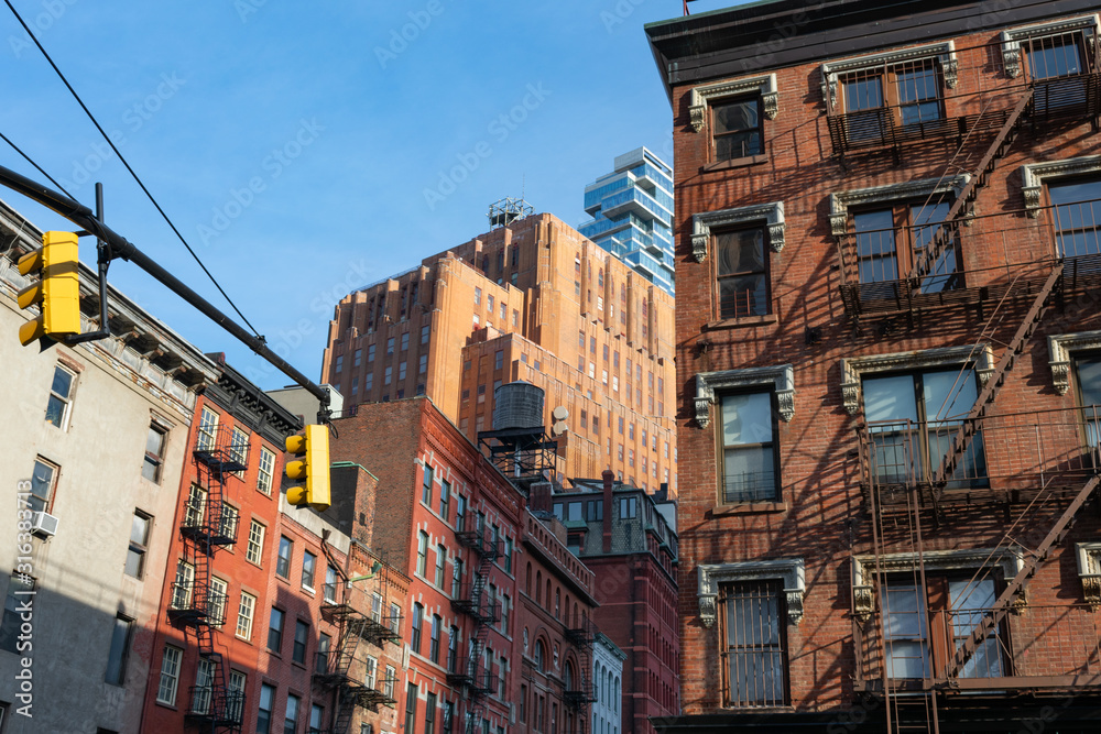 Colorful Old Buildings with Fire Escapes in Tribeca New York