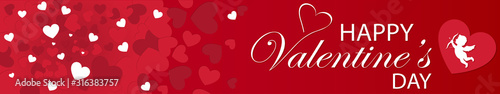 bandeau ou carte happy valentine's day avec coeur rouge et blanc ange sur fond rouge en dégradé
