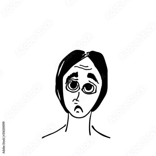 Cartoon portrait of a displeased man. Isolated on a white background. Stock vector illustration. Black and white graphics. Hand drawn. Vector doodles. Minimalism.