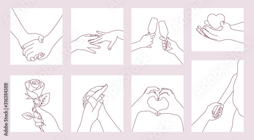 Hand drawn simple line hand couple in love poster, card or flyer for valentines day, wedding or holidays